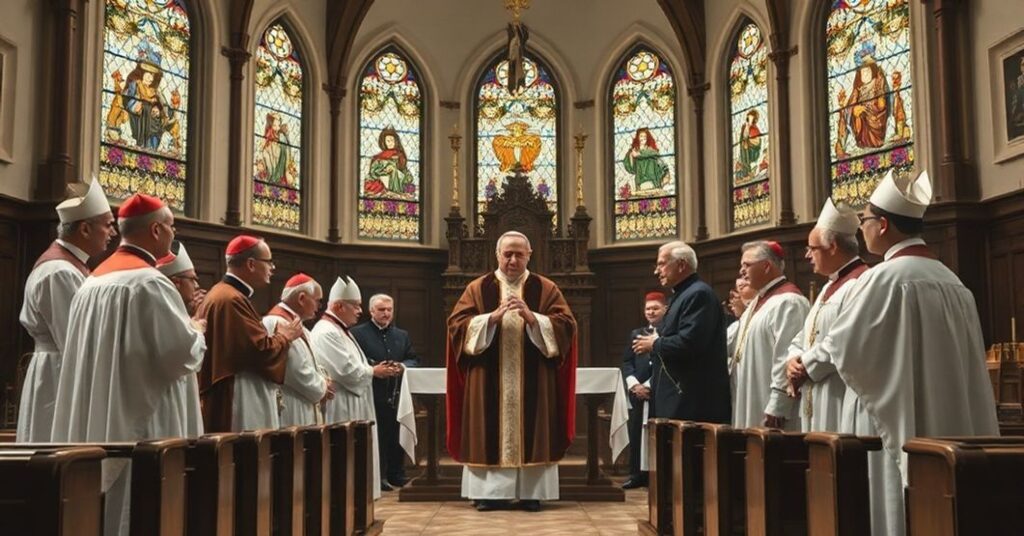 Wnętrze kościoła katolickiego z tradycyjnymi witrażami podczas nominacji Ronalda Hicksa na 'arcybiskupa' Nowego Jorku przez antypapieża Leona XIV.