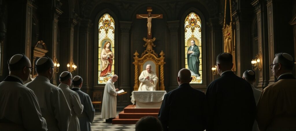 Grupa duchownych w tradycyjnych szatach kościelnych stoi w kaplicy z witrażami przedstawiającymi świętych i pustym tronem papieskim. Na tle widoczny jest Leon XIV podpisujący dokument nominacyjny.