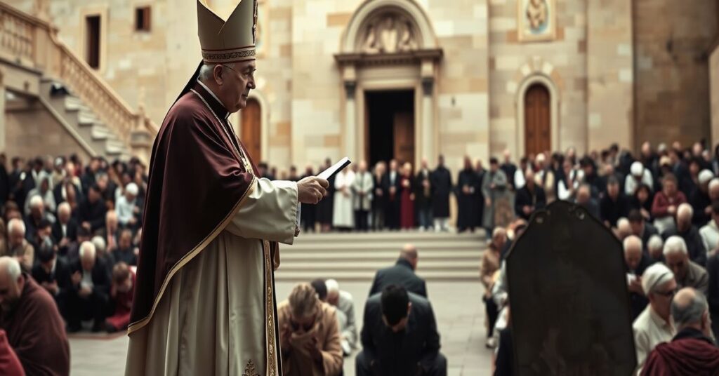 Wizerunek abp. Wojciecha Załuskiego otrzymującego nominację od postawy papieskiej przed fasadą sanktuarium Ta' Pinu na Malcie.