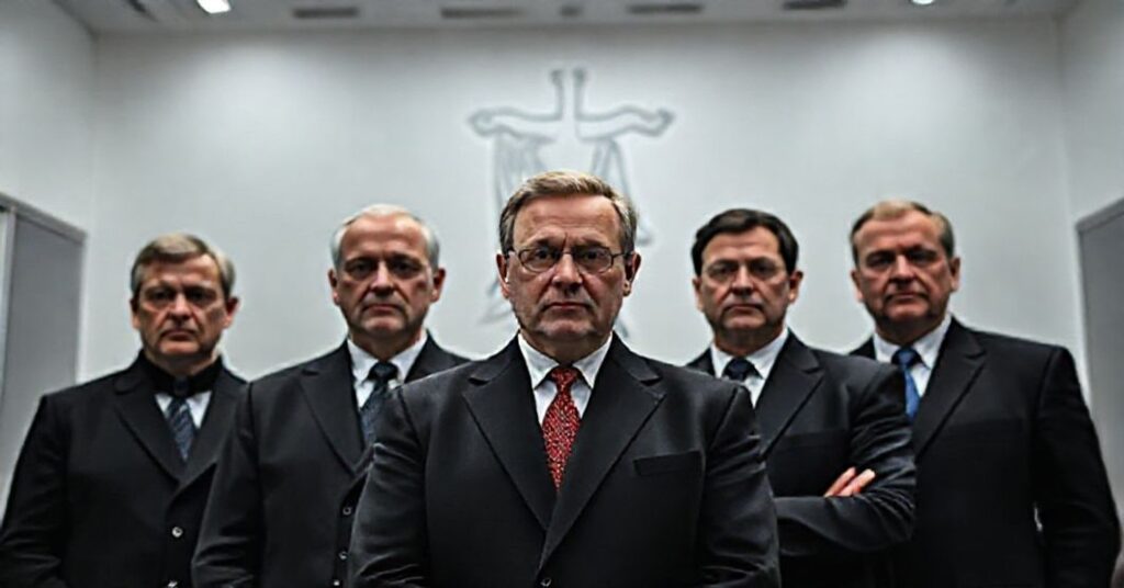 Portret grupy doradców społecznych Karola Nawrockiego w neutralnym biurze rządowym.