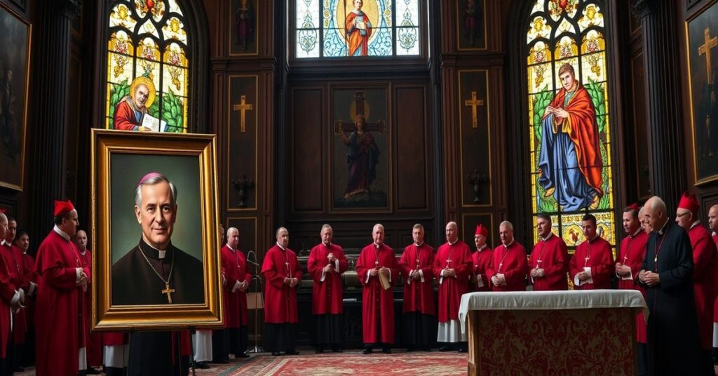 Ciemna wnętrza Kościelne z biskupami w czerwonych ornatach na zebraniu KEP na tle pustego tabernakulum