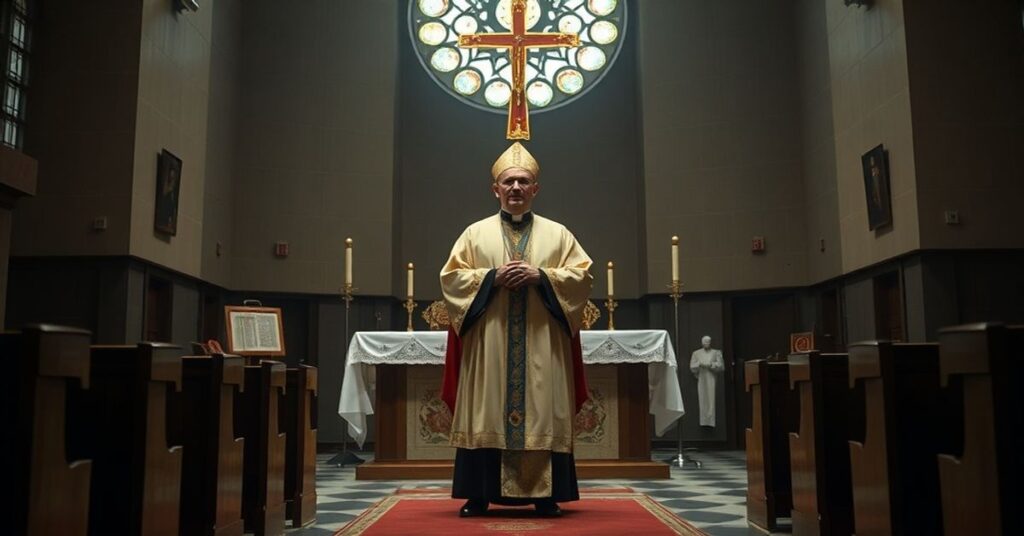 Obraz przedstawiający niekanoniczną nominację Krzysztofa Zadarki na biskupa w strukturach neo-kościoła w Koszalinie. Scena podkreśla brak misji nadprzyrodzonej i skupienie na administracji i humanitaryzmie.