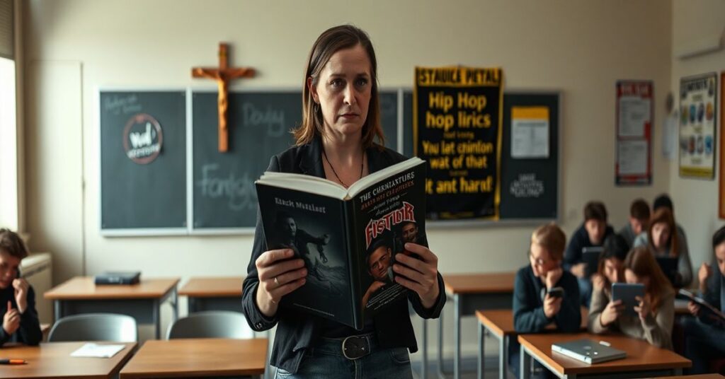 Pokoj szkolny w Norwegii z nauczycielem trzymającym podręcznik z satanistyczną okładką black metalu, podczas gdy uczeni są rozproszeni