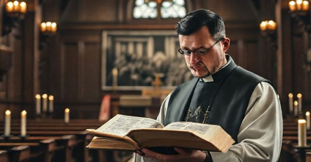 Wnętrze tradycyjnego kościoła katolickiego z ołtarzem i otwartą Biblią podczas czytania przez księdza na tle zdjęcia procesu norymberskiego