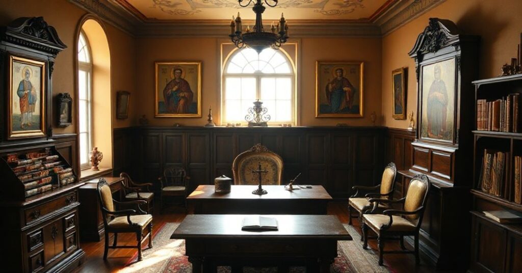 Tradycyjny katolicki wnętrze studium szlacheckiej rodziny przedwojennej z ikonami św. Piotra i Pawła na biurku