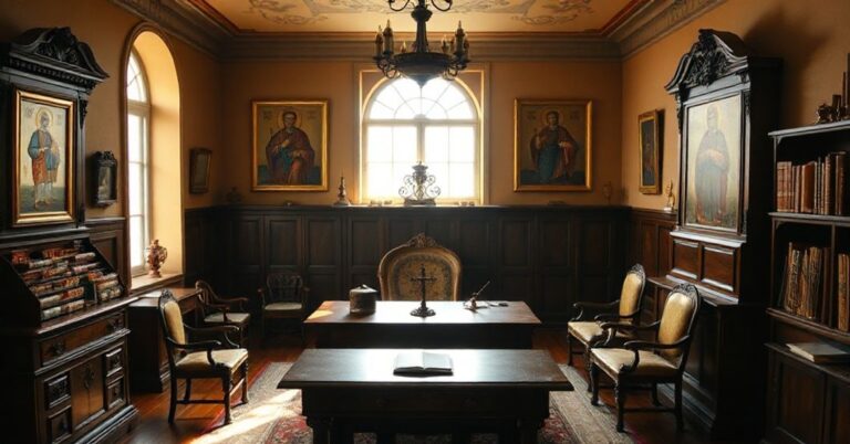 Tradycyjny katolicki wnętrze studium szlacheckiej rodziny przedwojennej z ikonami św. Piotra i Pawła na biurku