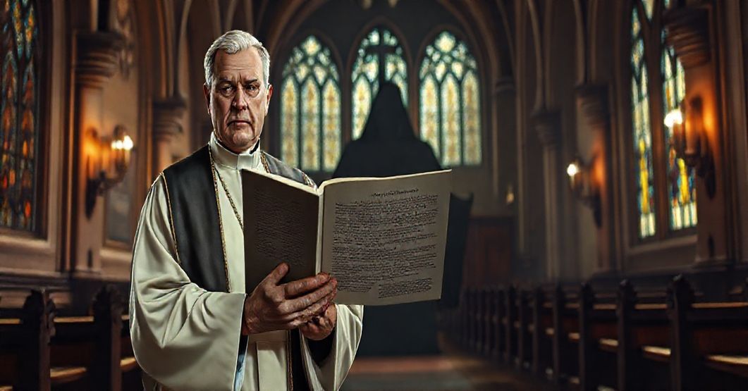 Tradycyjny ksiądz katolicki trzyma dokument Nostra Aetate w kościele, symbolizując zdradę doktryny katolickiej przez modernizm.