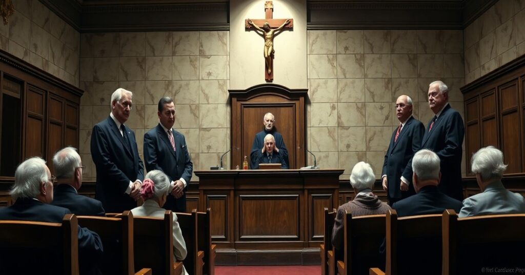 Dwa starsze osoby siedzące na ławce w sądzie, z wyrazami smutku i zmartwienia na twarzach, podczas gdy pięciu notariuszy stoi przed nimi w formalnych strojach, z chłodnymi i niepokornymi expressionami.