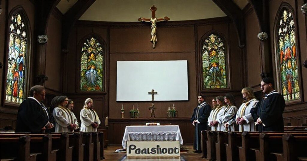 Wnętrze kaplicy Uniwersytetu Notre Dame z pustym ołtarzem i usuniętymi katolickimi symbolami