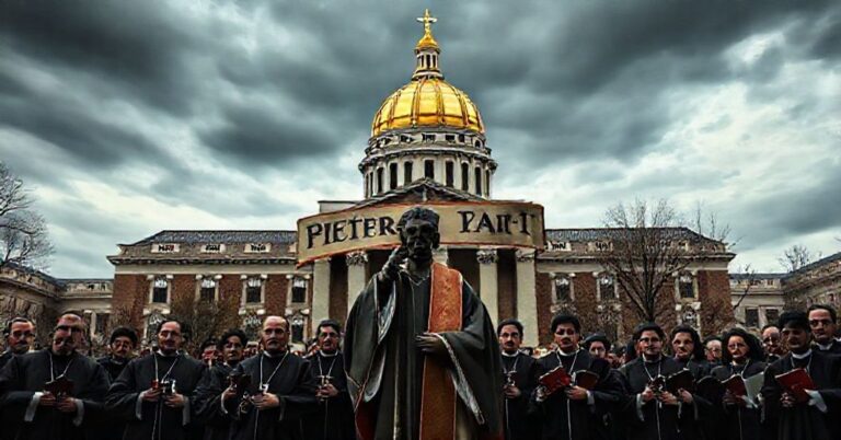 Obraz przedstawiający Uniwersytet Notre Dame w momencie porzucenia katolickiej misji przez jego administrację.