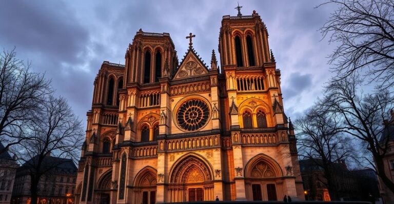 Realistyczne zdjęcie katedry Notre-Dame w Paryżu, ukazujące jej gotycką architekturę i sakralny charakter, bez nowoczesnych lub surrealistycznych elementów