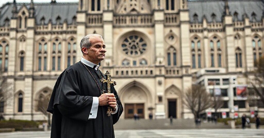 Widok Univerystetu Notre Dame z widocznymi oznakami modernistycznego zaniedbania. Na pierwszym planie tradycyjny ksiądz katolicki w sutannie i ornaty protestujący z krzyżem. W tle kampus z nowoczesnymi budynkami i propagandowymi plakatami DEI.