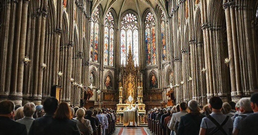 Wnętrze katedry Notre-Dame w Paryżu z tradycyjnymi elementami liturgii i turystami w tle.