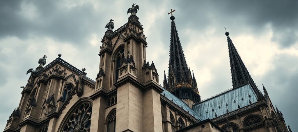 Katedra Notre-Dame w Paryżu z widocznymi gargolami i przyporami łukowymi na tle burzowego nieba