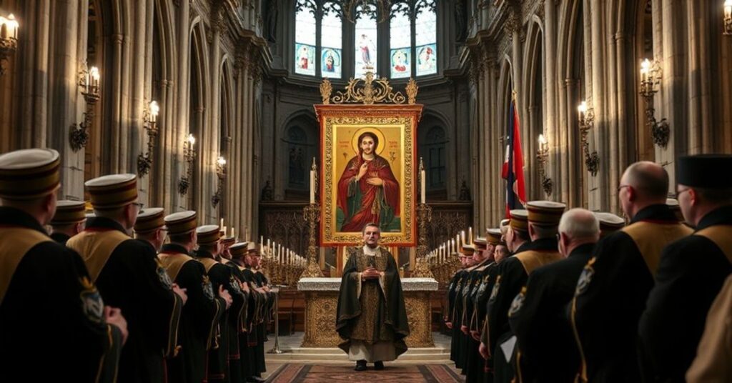 Wnętrze odbudowanej Katedry Notre-Dame w Paryżu podczas bluzgierskiego wydarzenia z udziałem kopii obrazu Jasnogórskiego i abp. Tadeusza Wojdy