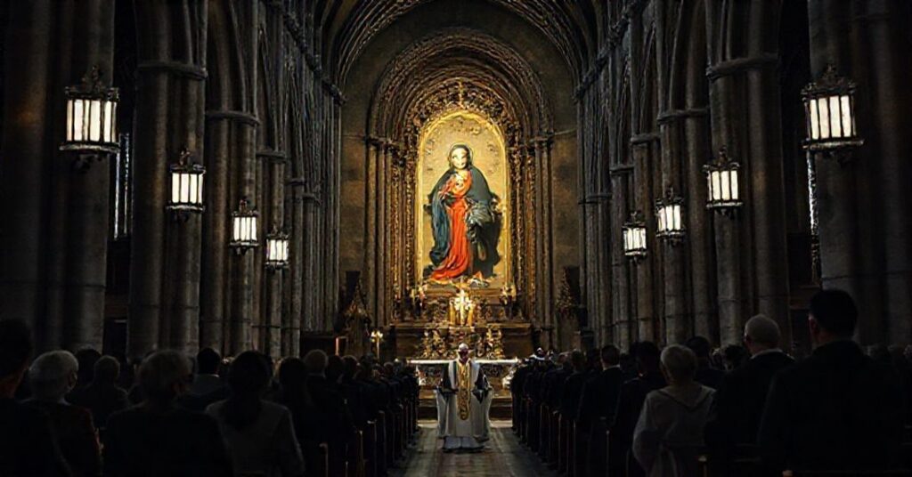 Wnętrze Notre-Dame z nowoczesną „Kaplicą Polską”, kopią Obrazu Matki Bożej Częstochowskiej i neomodernistycznym rytem liturgicznym.