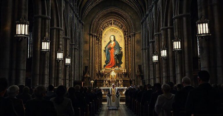 Wnętrze Notre-Dame z nowoczesną „Kaplicą Polską”, kopią Obrazu Matki Bożej Częstochowskiej i neomodernistycznym rytem liturgicznym.