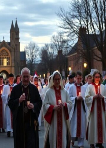 Apostazja na Uniwersytecie Notre Dame: Protest Studencki Przeciwko Heretyckiej Profesorce Uroczysty marsz studentów i księży w tradycyjnych szatach kościelnych na kampusie Uniwersytetu Notre Dame z transparencjami 'Obroń Życie' i 'Christo Regna', podczas gdy cienie biskupów modernistów obserwują na tle groty Matki Bożej z Lourdes.