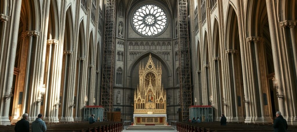 Wnętrze katedry Notre-Dame w Paryżu podczas renowacji – symbol zaniedbania wiary i uprzywilejowania kamienia nad duszami w duchu posoborowej apostazji