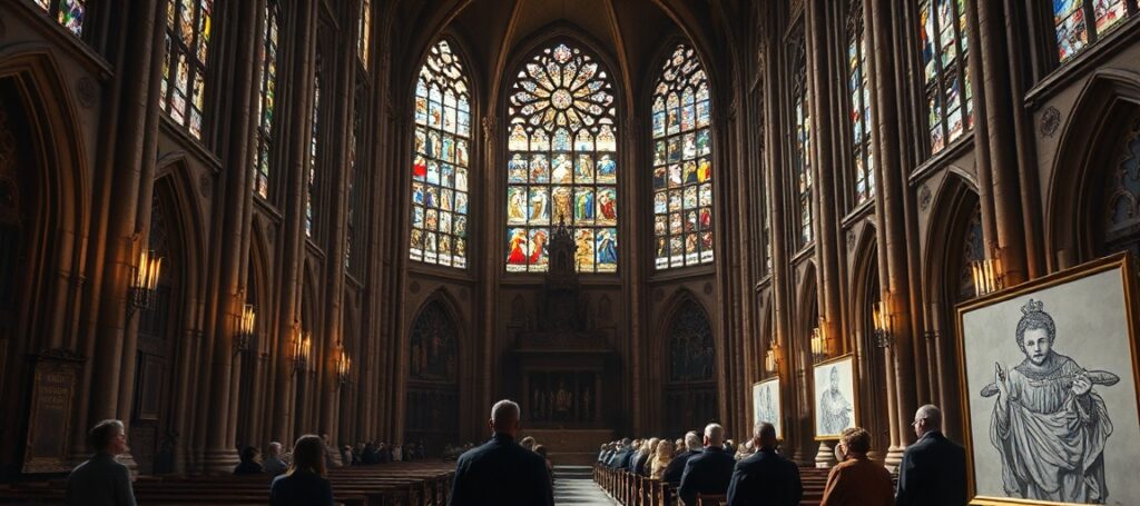 Wnętrze katedry Notre-Dame z XIX-wiecznymi witrażami Eugène Viollet-le-Duca i grupą katolików modlących się w obronie dziedzictwa sakralnego