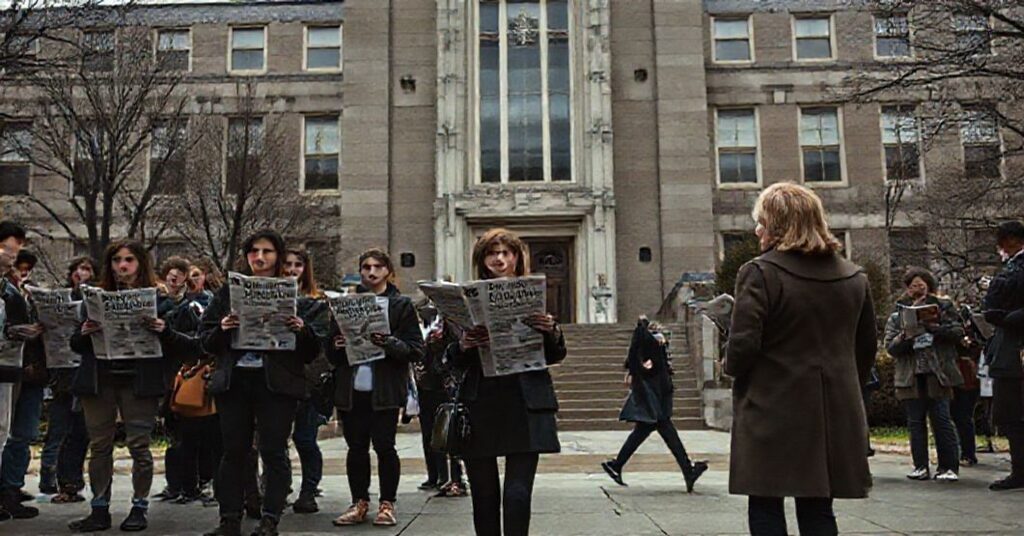 Studenci z gazetą "The Irish Rover" na kampusie Uniwersytetu Notre Dame. Tło stanowi budynek uniwersytecki. W tle widoczny jest profesor Tamara Kay idący w stronę swojego biura z napisem na drzwiach "Safe Space" i literą "J", symbolizującą pomoce aborcyjne.
