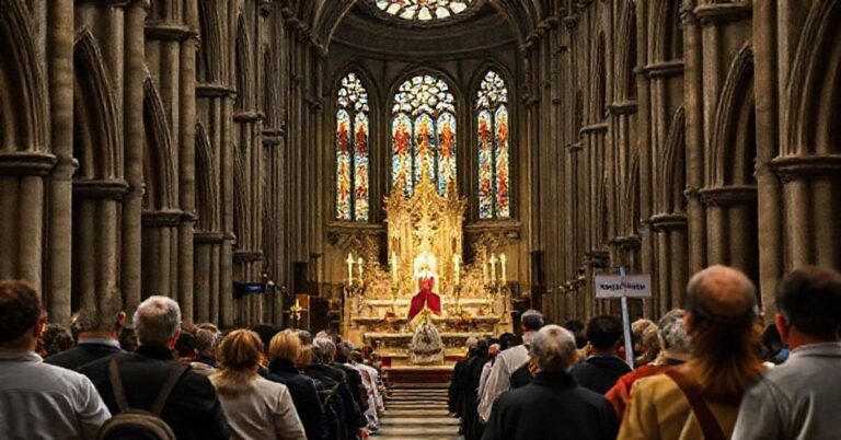 Wnętrze katedry Notre-Dame w Paryżu podczas mszy trydenckiej z tłem turystów robiących zdjęcia