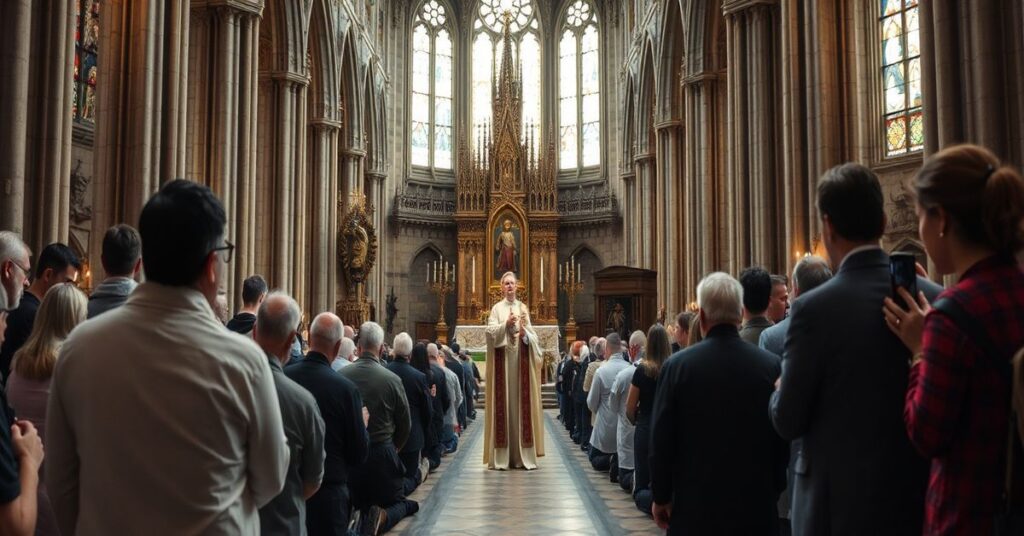 Wnętrze katedry Notre Dame w Paryżu w 2025 roku. Wierni modlący się przed ołtarzem w towarzystwie tłumów turystów robiących zdjęcia.