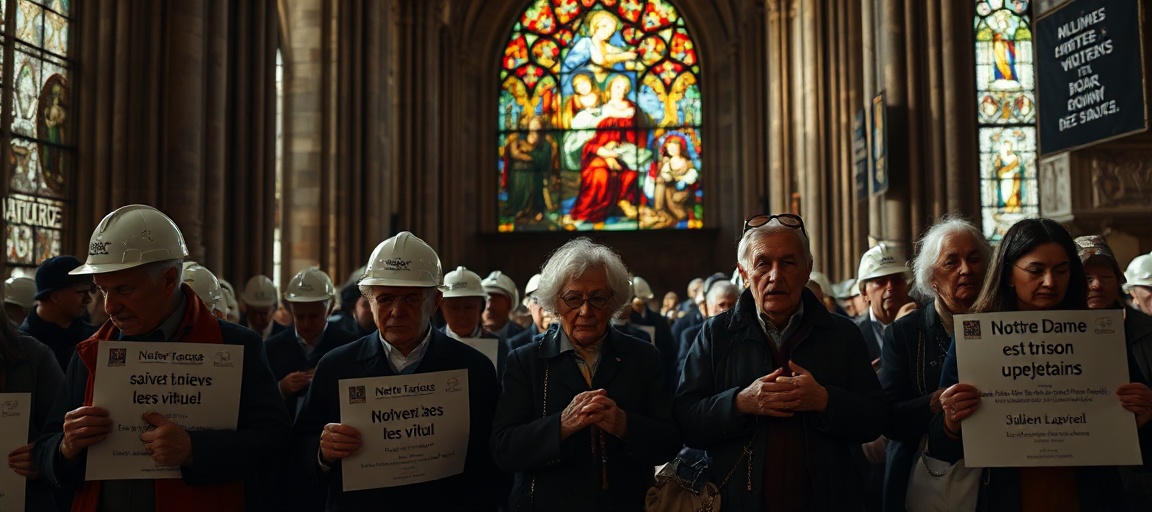 Wnętrze katedry Notre-Dame w Paryżu w 2026 roku podczas demontażu historycznych witraży XIX wieku.