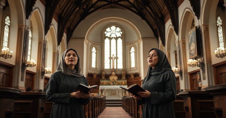 Wnętrze tradycyjnego kościoła z poważną atmosferą przedstawiające trzy kobiety śpiewające kolędę w sposób redukujący sakrum do sentymentalizmu.