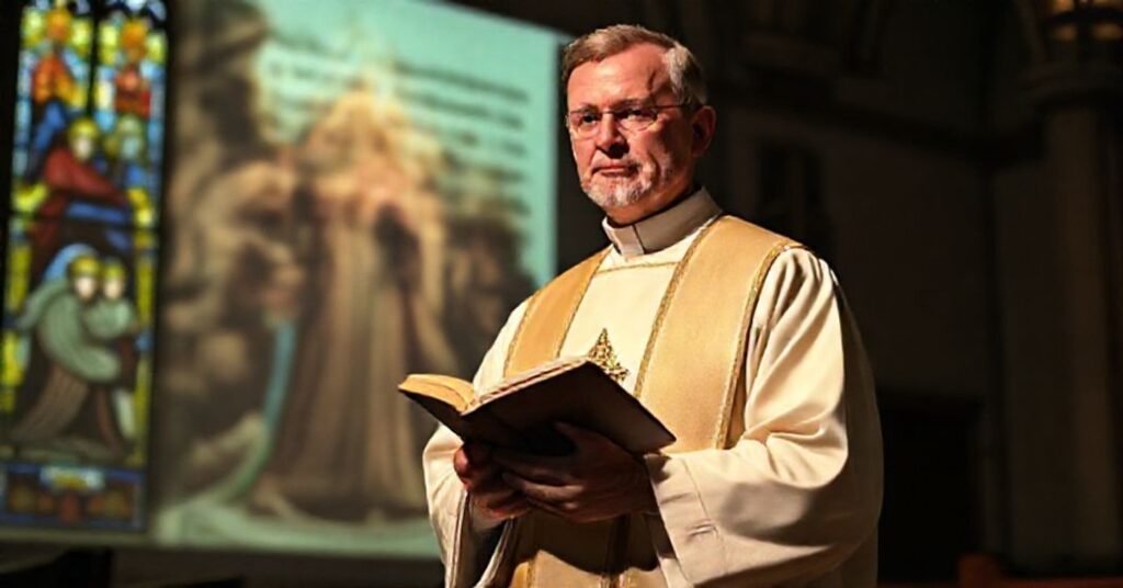 Tradycyjny ksiądz w pełnym stroju liturgicznym trzyma zamkniętą Biblię w kościele z witrażami przedstawiającymi świętych na tle nowoczesnej interpretacji historii Baltazara z Księgi Daniela.