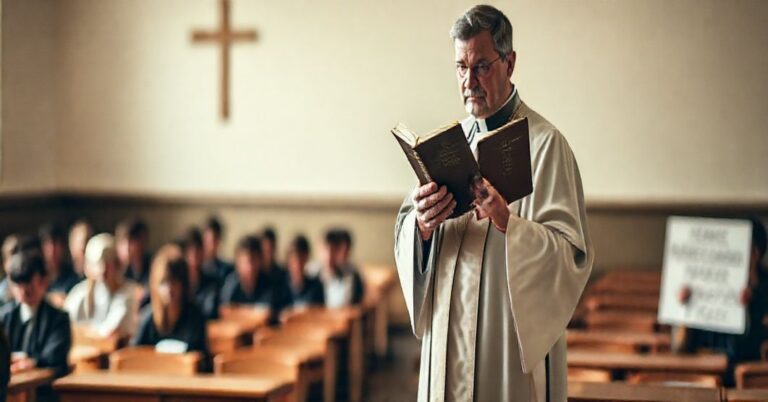 Poważny ksiądz w sutannie trzymający tradycyjny katechizm i nowoczesny, zdeformowany podręcznik, symbolizujący konflikt między prawdziwą doktryną a modernistycznymi zniekształceniami.