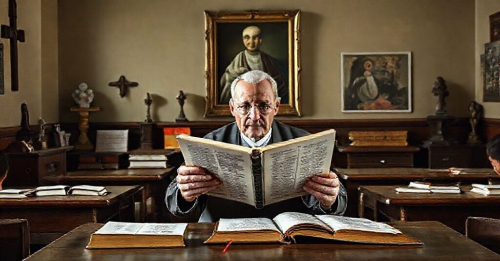 Klasa katechetyczna z tradycyjnymi symbolami katolickimi na tle nowoczesnych podręczników religii.