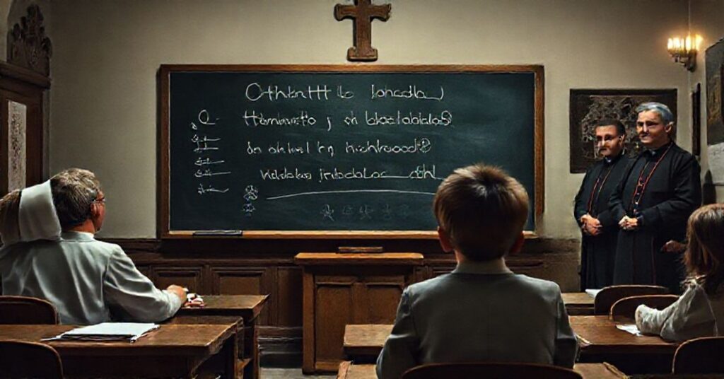 Scena klasowa przedstawiająca nową podstawę programową nauczania religii - uczniowie słuchają modernistycznego katechety w otoczeniu symboli apostazji.