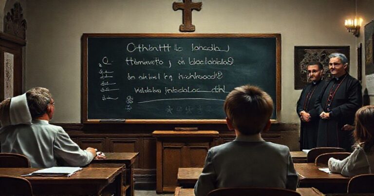 Scena klasowa przedstawiająca nową podstawę programową nauczania religii - uczniowie słuchają modernistycznego katechety w otoczeniu symboli apostazji.