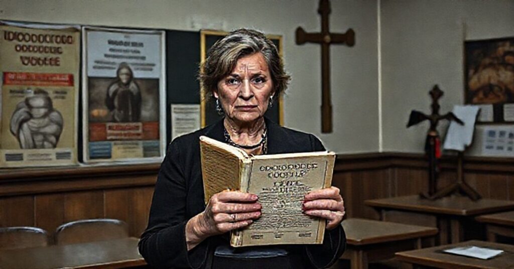 Nauczanie religii katolickiej w klasie szkolnej z widocznymi elementami modernistycznego rozbioru wiary katolickiej.