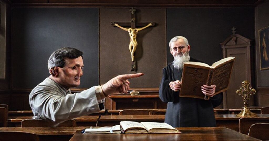 Tradycyjna klasa katolicka z krzyżem i katechizmem w tle, symbolizująca konflikt między doktryną katolicką a nowoczesnym modernizmem