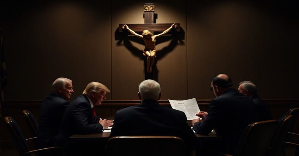 Zdjęcie przedstawiające Donalda Trumpa i jego doradców w Waszyngtonie przy omówieniu dokumentu 'America First', z dominującym krzyżem na tle symbolizującym konflikt między narodowym egoizmem a Chrystusowym królestwem.