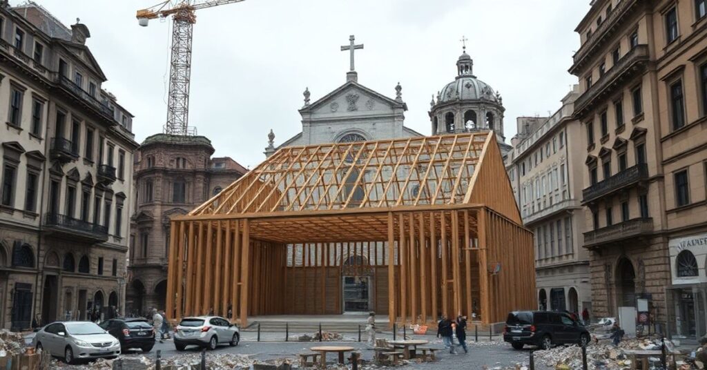 Realistyczny widok budowy modernistycznego kościoła drewnianego w Rzymie w 2026 roku, z rujnami tradycyjnych kościołów na tle.
