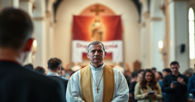 Tradycyjny kapłan w ornatach przed rozproszoną młodzieżą podczas zgromadzenia z modernistycznymi elementami w tle.