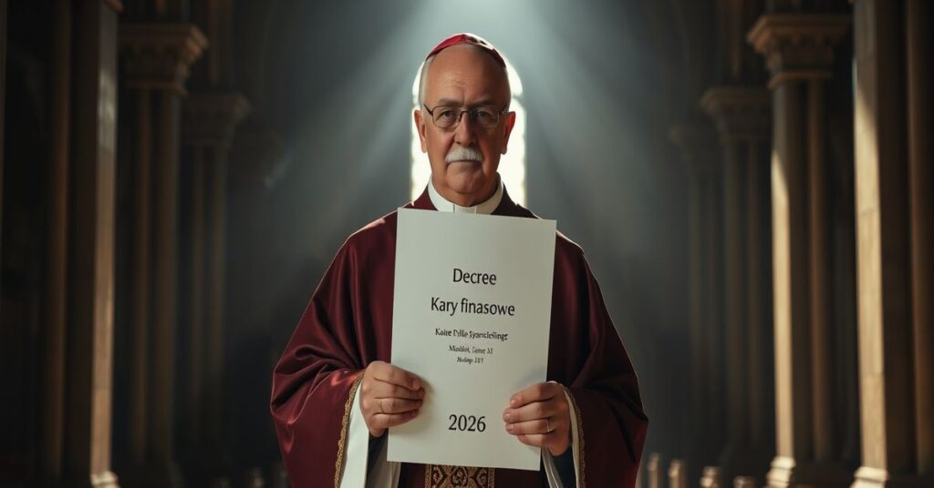 Tradycyjny katolicki biskup w szatach liturgicznych trzyma dekret o karach finansowych w kościele, na tle ciemnego kościoła symbolizującego duchową degradację.