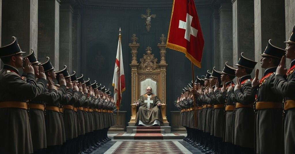 Nowe mundury Gwardii Szwajcarskiej podczas ceremoniału przysięgi w Bazylice Św. Piotra, symbolizujące apostazję i brak prawowitego papieża
