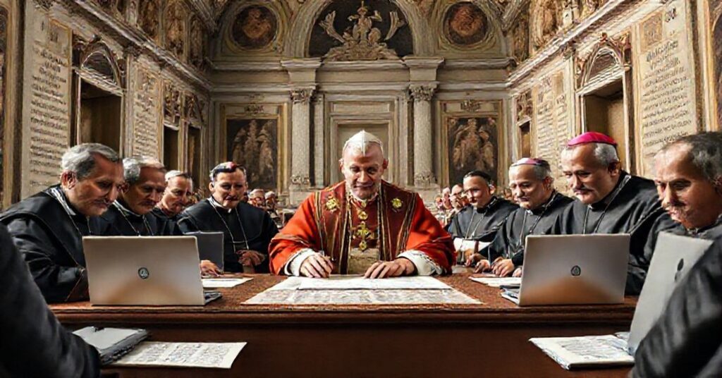 Scena w Watykanie przedstawiająca modernistów podpisujących nowy dokument kurii rzymskiej w środowisku korporacyjnym.