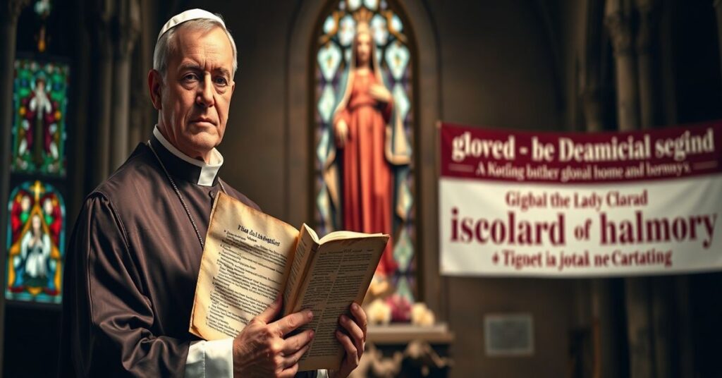 Ksiądz w tradycyjnych szatach kościelnych stoi przed starym posągiem Matki Boskiej, trzymając kopię Pascendi Dominici Gregis. W tle widoczna katedra z witrażami przedstawiającymi tradycyjne nabożeństwa maryjne. Scena podkreśla walkę między autentycznym katolicyzmem a herezją modernizmu.