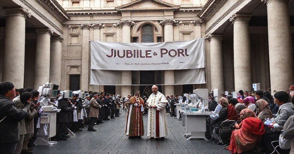 Powaga w obliczu Bazyliki św. Piotra podczas otwarcia nowego watikanskiego ambulatorium pod Kolumnadą Berniniego. Antypapież i fałszywy kardynał Krajewski stają przy nowoczesnym sprzęcie medycznym. Tło przedstawia osoby ubogie korzystające z bezpłatnych usług medycznych przy banerze "Jubileusz Ubogich", podkreślając sprzeczność między sakralną architekturą a sekularnym humanitaryzmem.