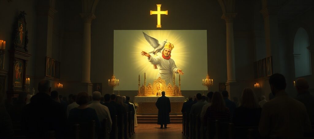 Zgromadzenie modlitewne w tradycyjnej katolickiej kaplicy z 'ojcem' Johnem Paulem Marym prowadzącym nowennę do Ducha Świętego.