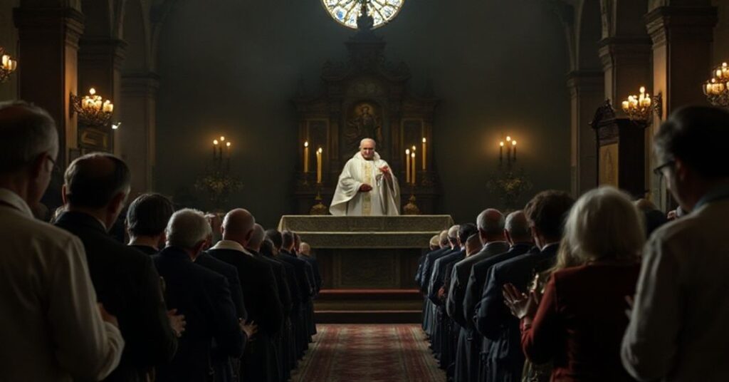 Wnętrze sanktuarium w Radomiu podczas nowenny ku czci tzw. Jasnogórskich Słubów Narodu. Na pierwszym planie modlący się tradycyjni katolicy obok modernistycznego "biskupa".