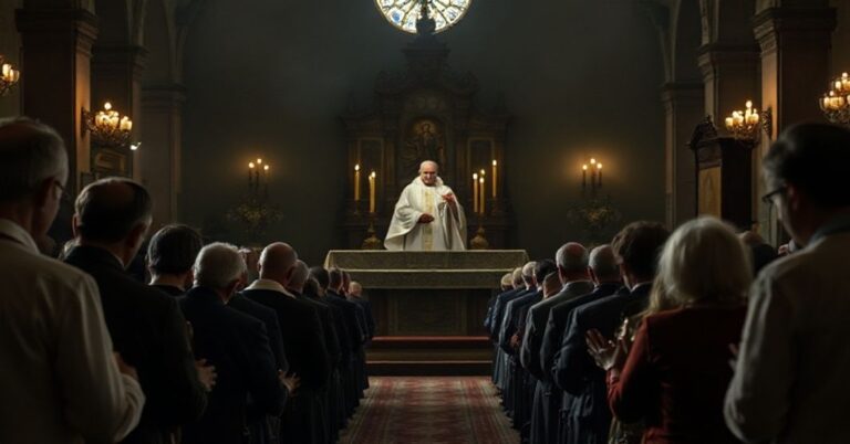 Wnętrze sanktuarium w Radomiu podczas nowenny ku czci tzw. Jasnogórskich Słubów Narodu. Na pierwszym planie modlący się tradycyjni katolicy obok modernistycznego "biskupa".