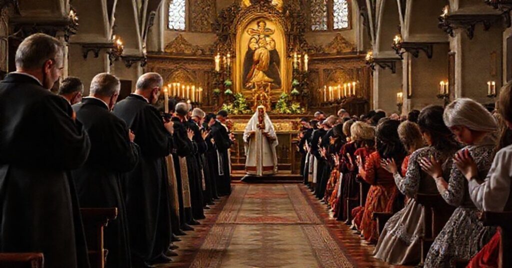 Tradycyjna katolicka scena modlitewna podczas nowenny do św. Andrzeja Boboli w kościele z tradycyjną ikonografią