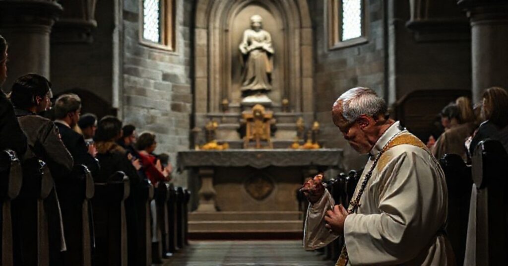 Tradycyjny ksiądz modli się przed ołtarzem z rzeźbą św. Andrzeja w klasztorze katolickim
