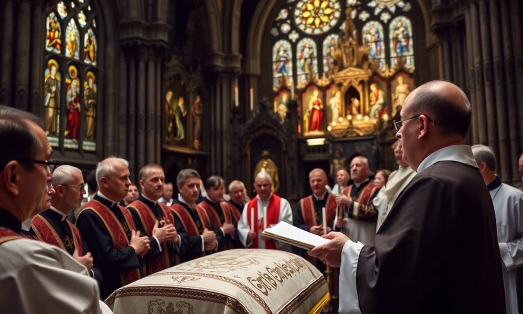 Wnętrze katedry na Wawelu podczas nowenny na cześć św. Stanisława Biskupa i Męczennika. Grupa duchownych w tradycyjnych szatach liturgicznych stoi przy relikwiach świętego, słuchając homilii o. Pawła Przygodzkiego OSPPE.